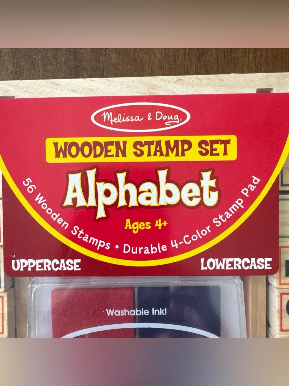 Melissa & Doug Wooden Alphabet Stamp Set 56 blocks and 4 color stamp pad NEW